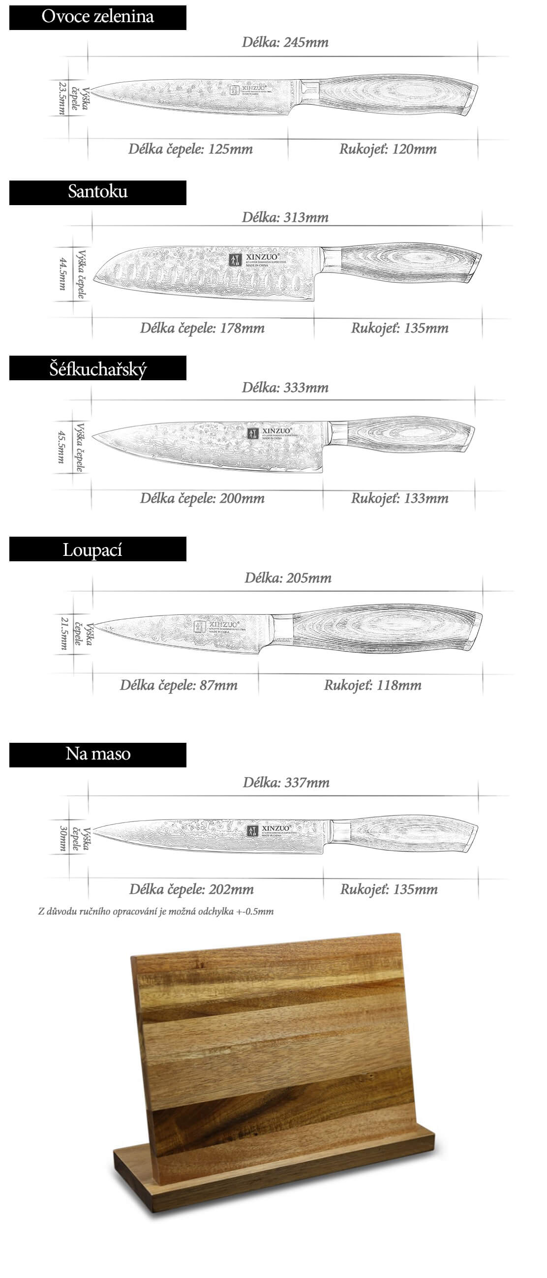 Rozměry pěti nožů v sadě XinZuo B20